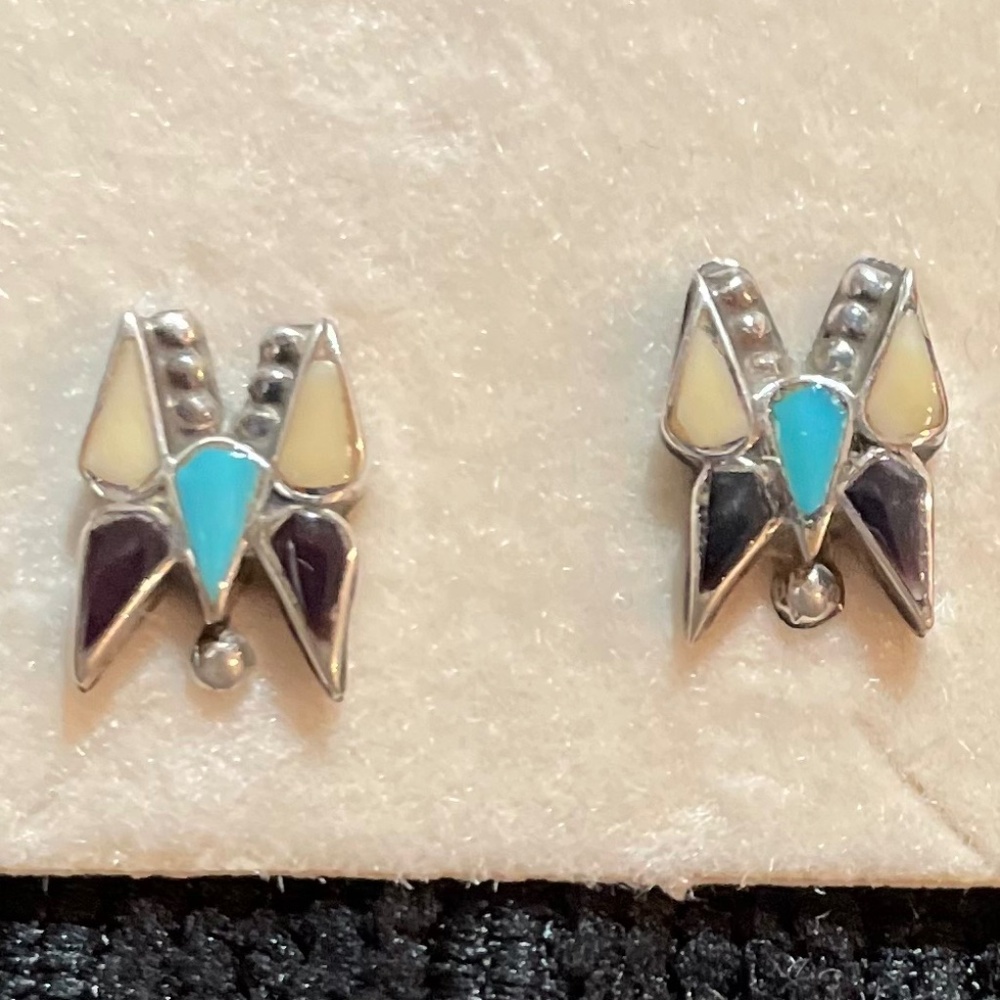 Vintage Zuni Silver Inlay Turquoise/Onyx/Mother of Pearl Butterfly Earrings - Picture 2 of 6
